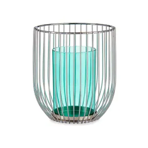 Candleholder Silver Blue Cage Metal Glass 15 x 17 x 15 Cm