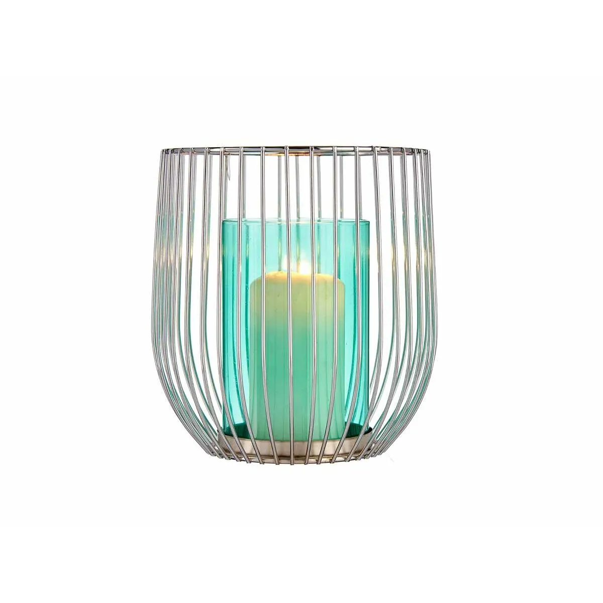 Candleholder Silver Blue Cage Metal Glass 15 x 17 x 15 Cm