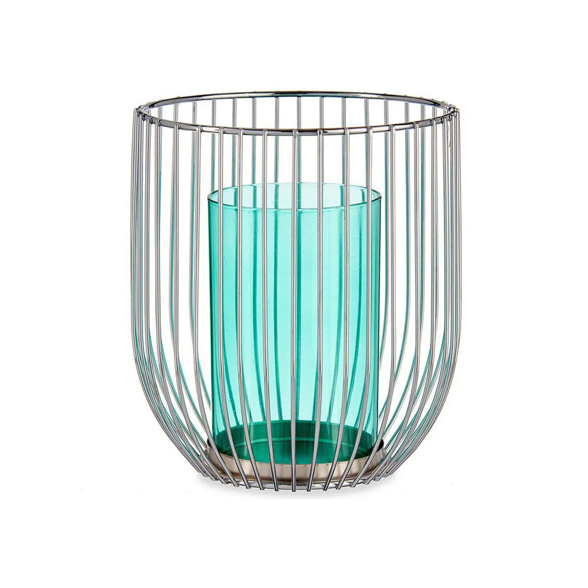 Candleholder Silver Blue Cage Metal Glass 15 x 17 x 15 Cm