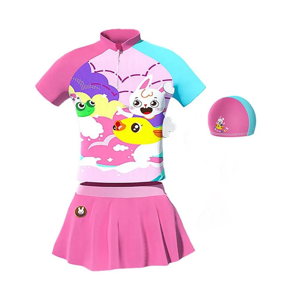 Little Surprise Box, 2 pcs Shirt & Skirt Set, Mint & Pink Multi Swimwear With Matching Swim cap For Kids With UPF 50 