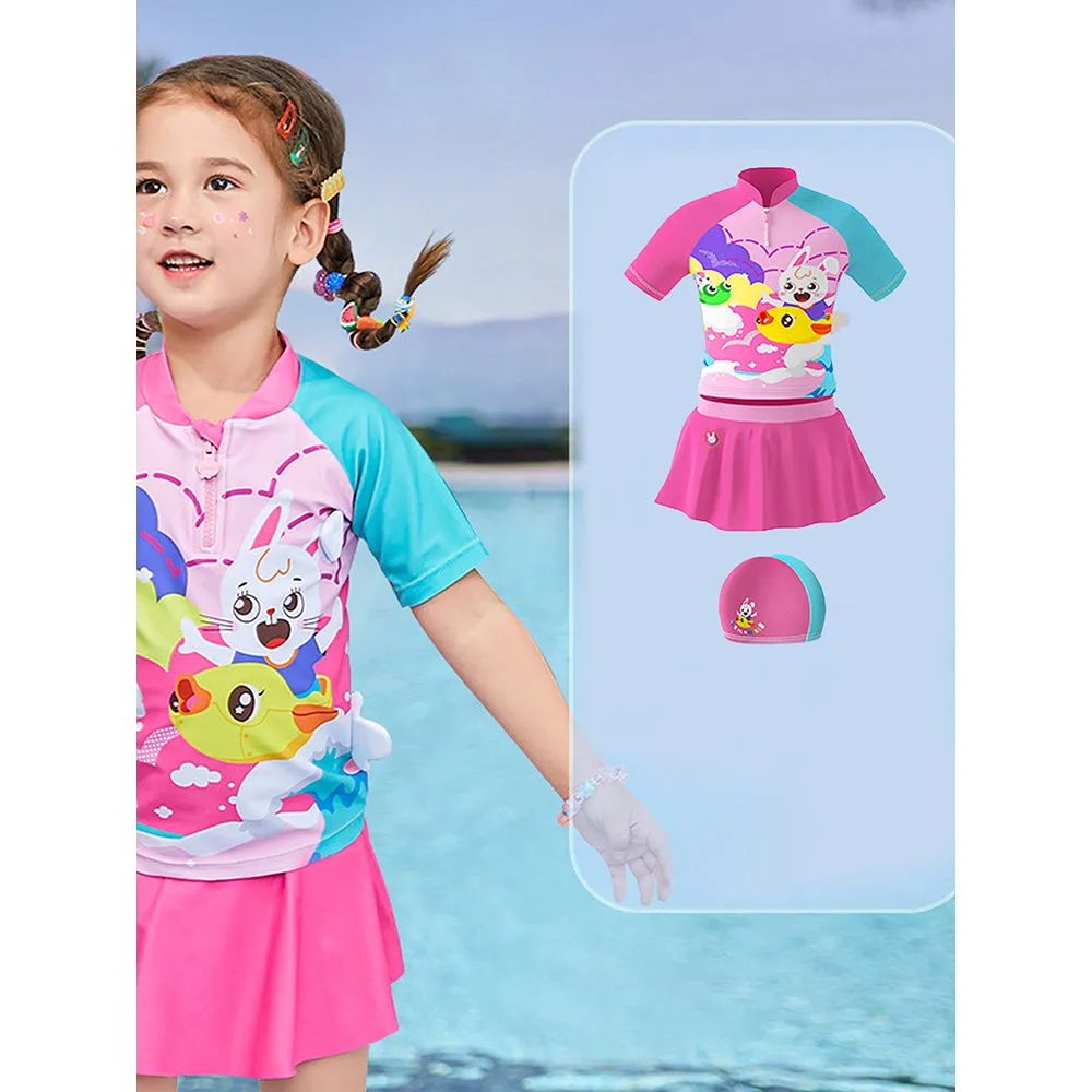 Little Surprise Box, 2 pcs Shirt & Skirt Set, Mint & Pink Multi Swimwear With Matching Swim cap For Kids With UPF 50 