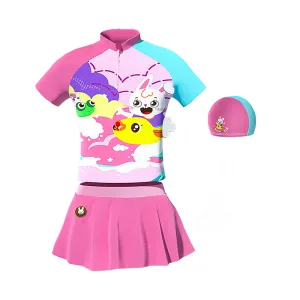 Little Surprise Box, 2 pcs Shirt & Skirt Set, Mint & Pink Multi Swimwear With Matching Swim cap For Kids With UPF 50 