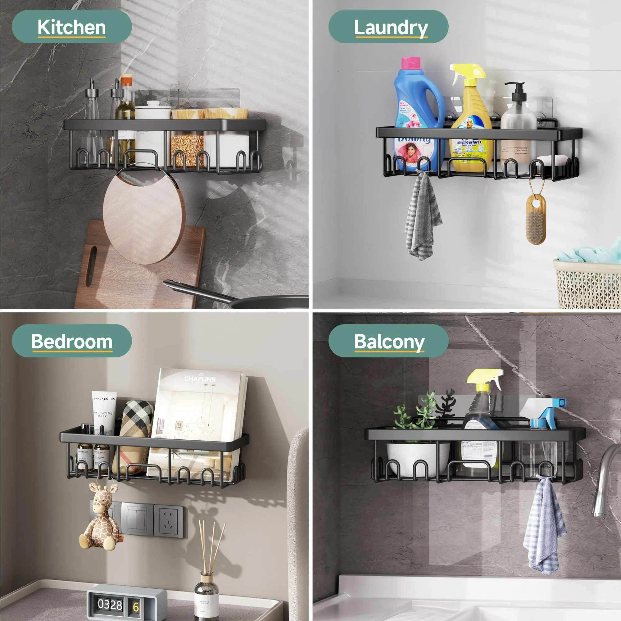 Veken Stainless Steel Shower Caddy 6-Pack, No Drilling & Rustproof, Waterproof Adhesive Shelves Rack with Soap Holder, Large Capacity Bathroom Organizers and Storage, Wall-Mounted Kitchen & Home Decor