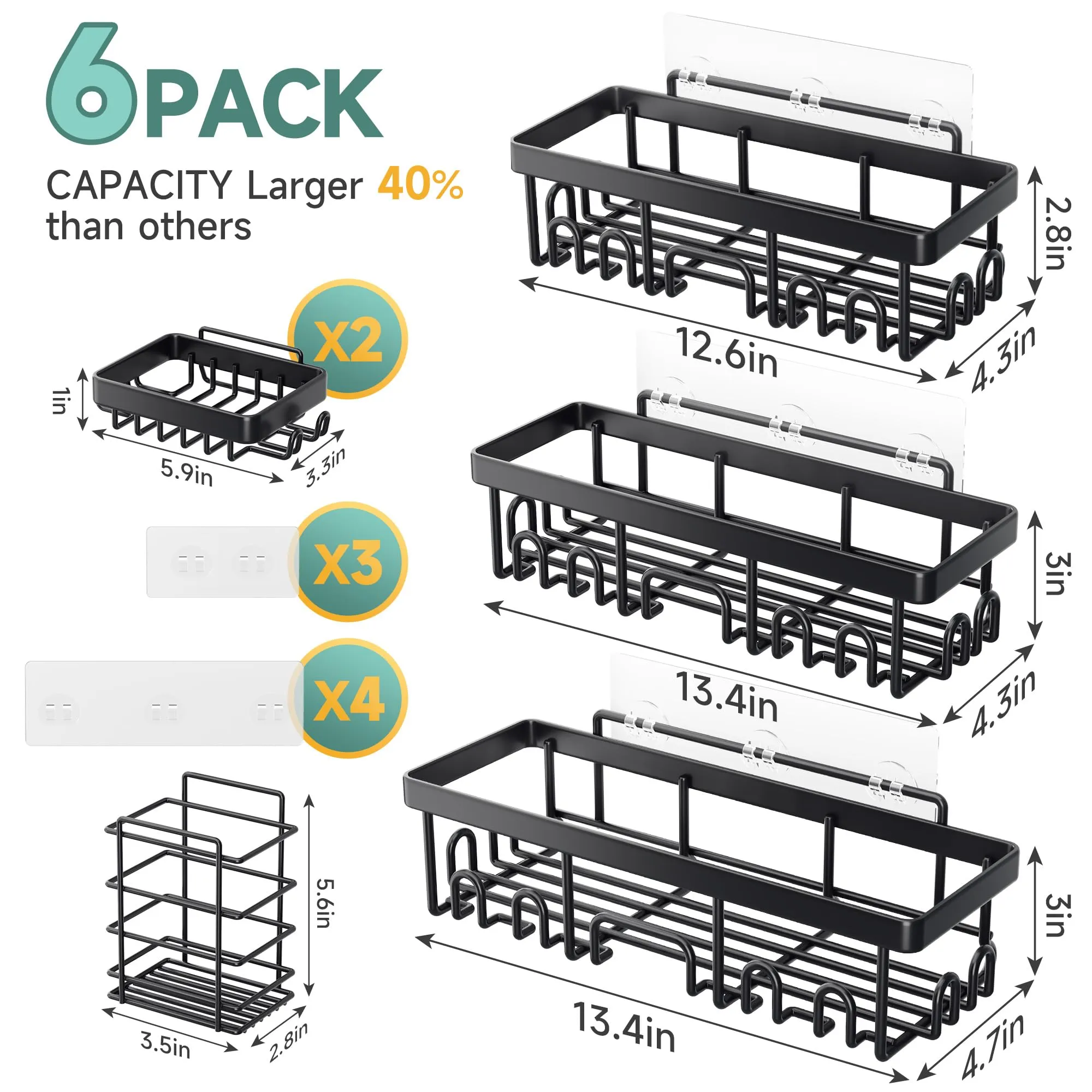 Veken Stainless Steel Shower Caddy 6-Pack, No Drilling & Rustproof, Waterproof Adhesive Shelves Rack with Soap Holder, Large Capacity Bathroom Organizers and Storage, Wall-Mounted Kitchen & Home Decor