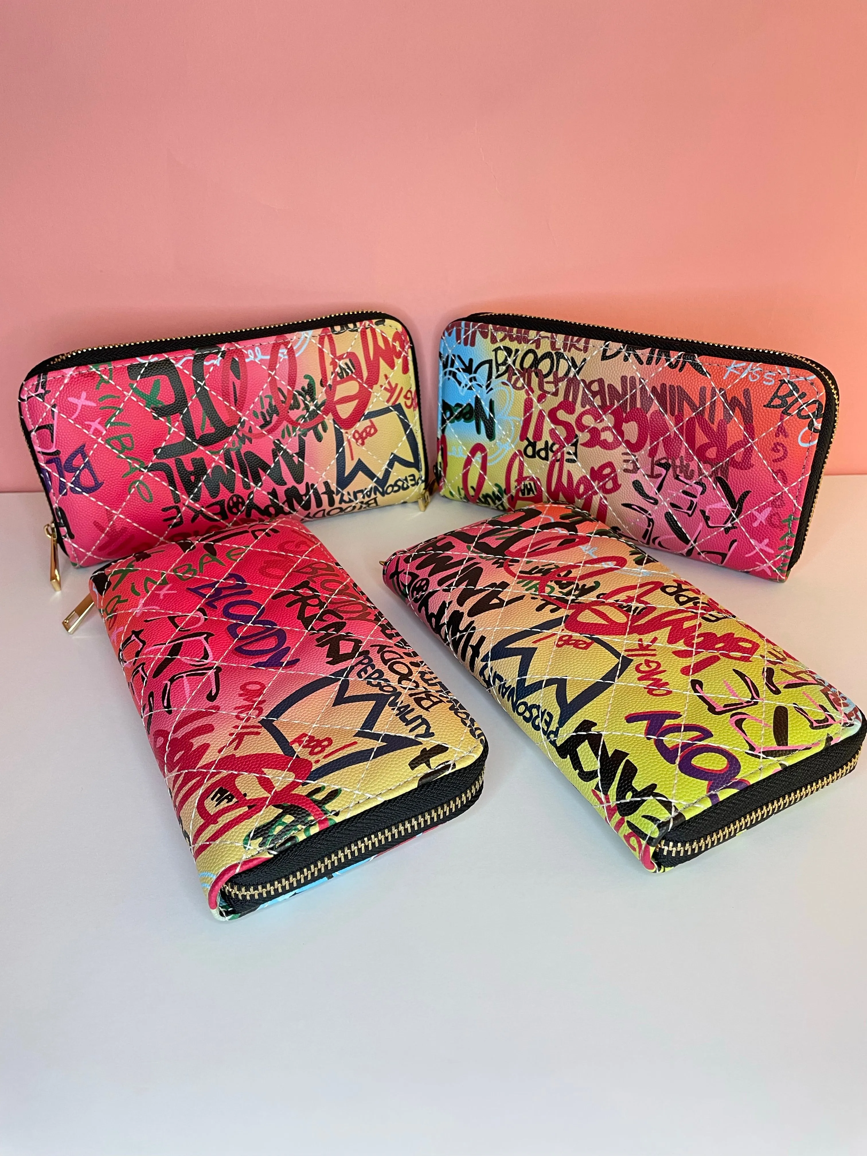 Writing Graffiti Multi Color Quilted Stitch Double Zipper Wallet