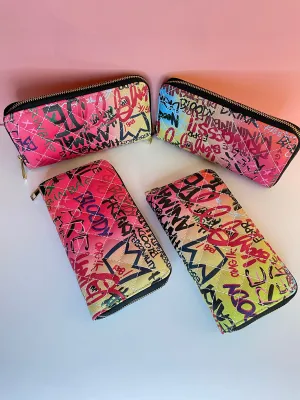 Writing Graffiti Multi Color Quilted Stitch Double Zipper Wallet